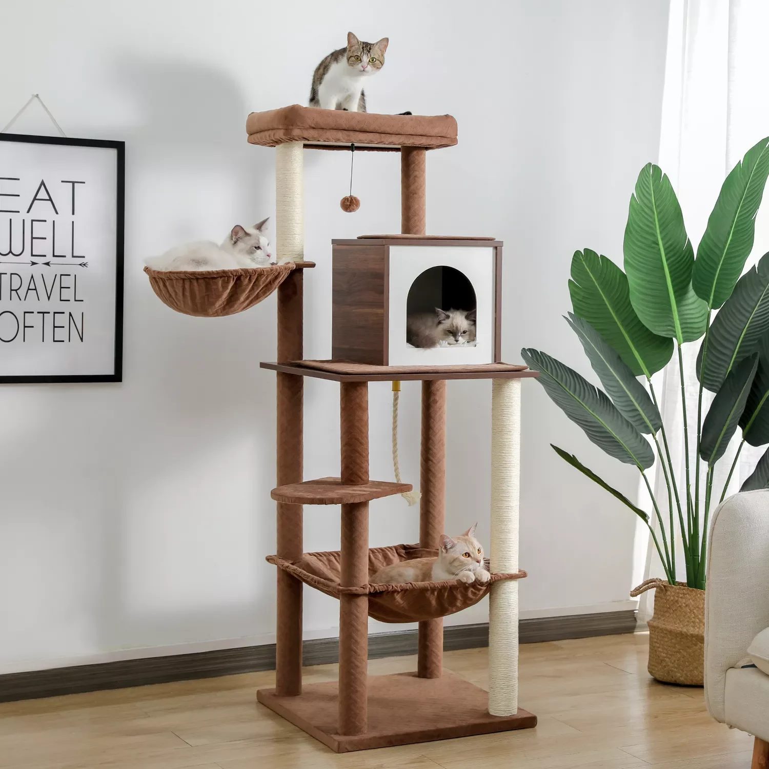 

Кошачье дерево, Многоуровневая башня для кошек с сизальным покрытием, Когтеточка, уютные гамаки и очень большой окунь с шариком