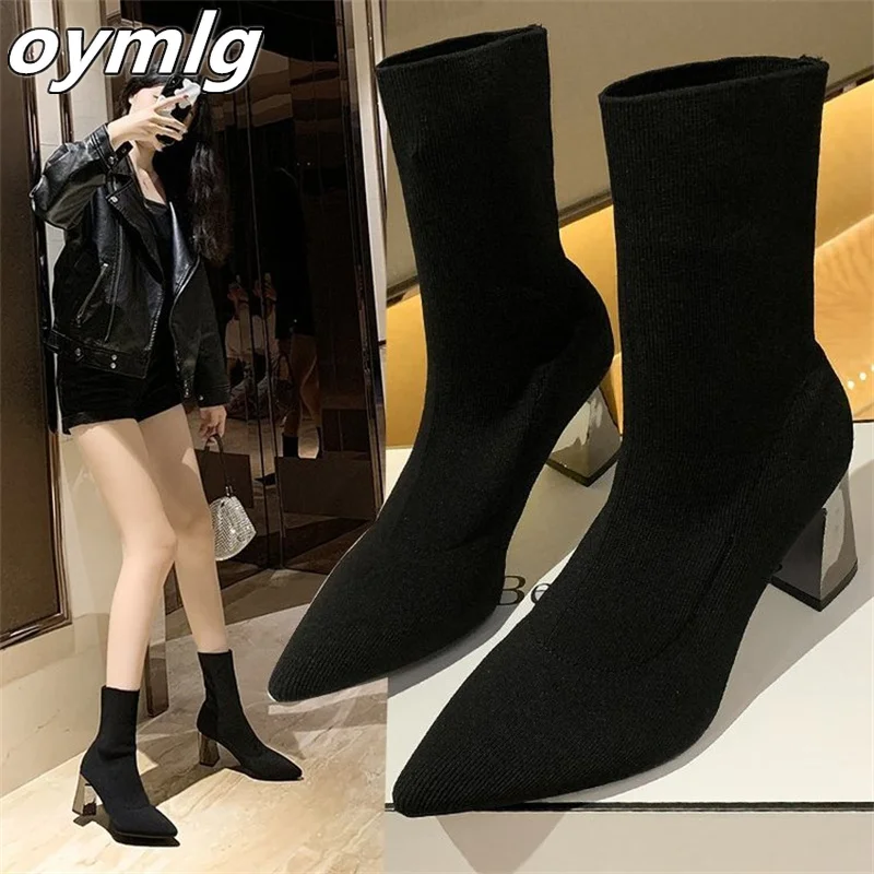 

Pointed Thick Heel Short Boots for Women 2023 New High Heel Boots Socks and Boots Versatile Knitted Elastic Slim Boots for Women