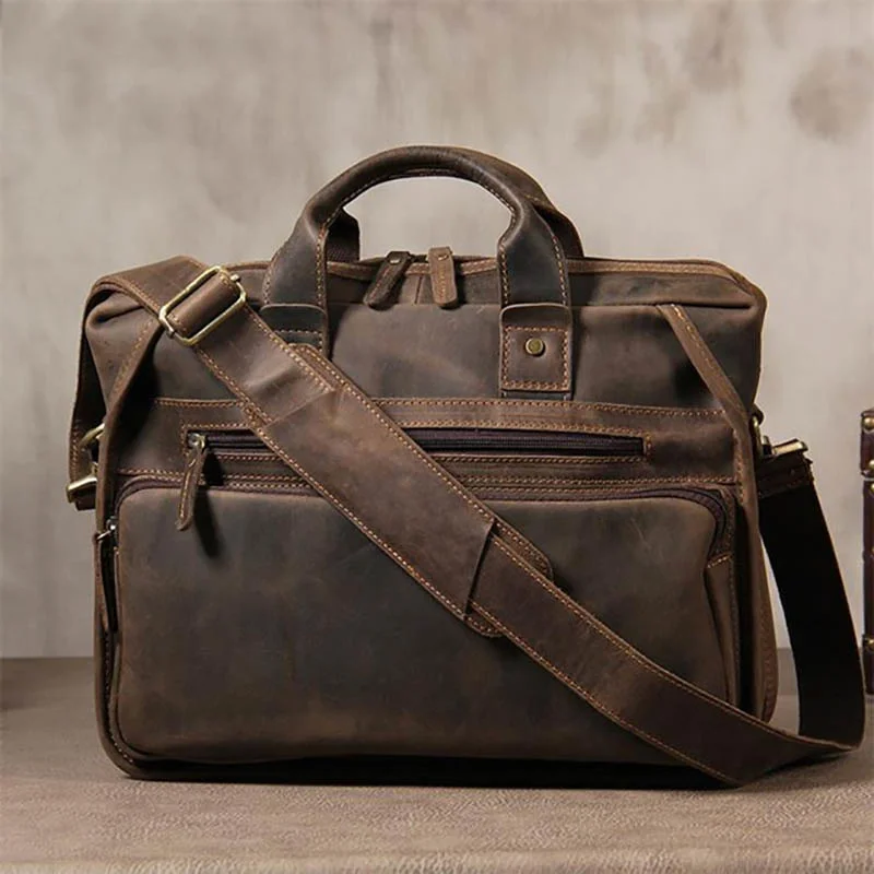

Genuine Leather Briefcase Bag for man fit for 14 inch PC Business Bag Vintage male laptop handbag Handmade Crossbody bag