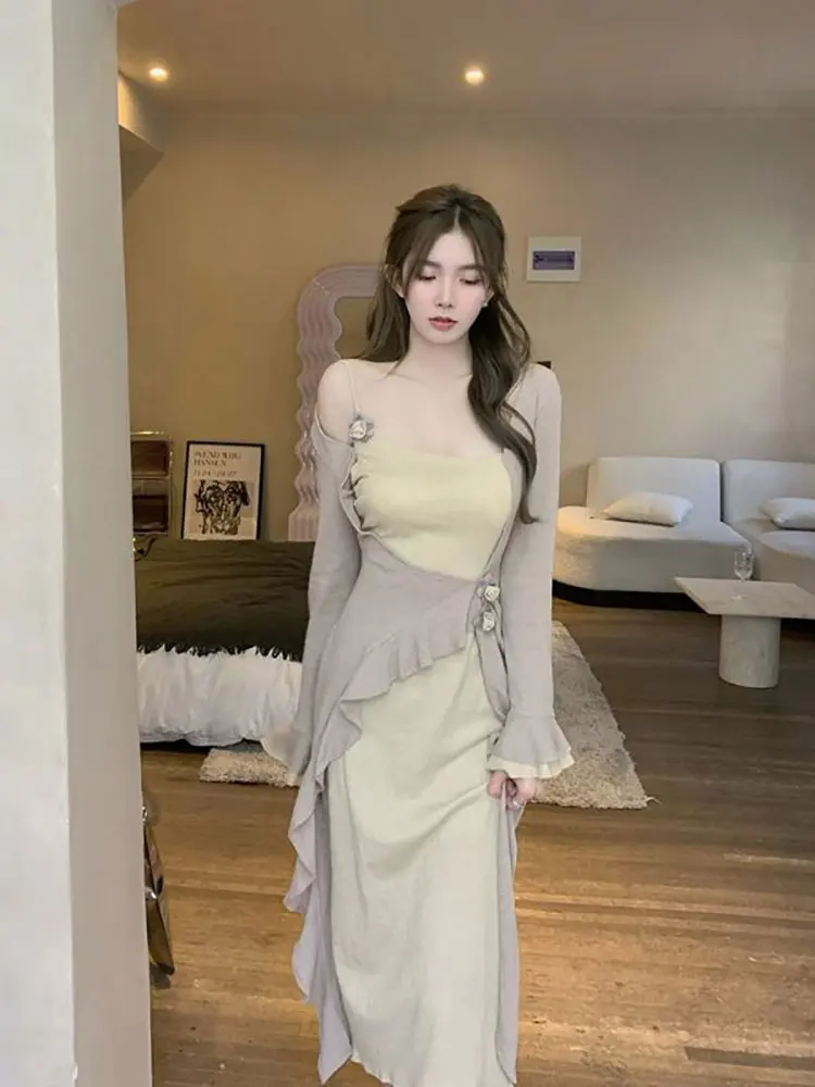 

French Strap Dress Women Summer Fake Two Piece Design Suspender Long Skirt Female Sweet Fresh Fashion Hot Sexy Trend 2022 New