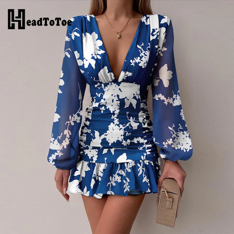 

Женское шифоновое мини-платье с цветочным принтом, рюшами и рукавами-фонариками