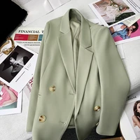 autumn medium long double breasted notched women blazer feminino jackets formal tops green black pink