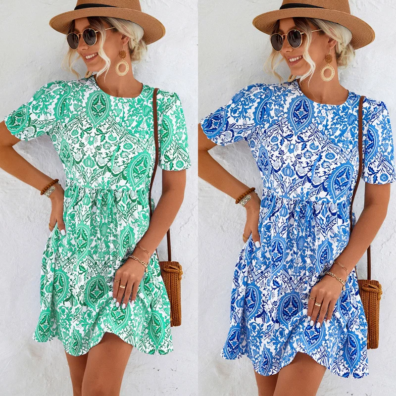 

2023 Spring/Summer New Women's Dress Fashion O-Neck Retro Print Lantern Sleeve Shirt Dress Streetwear Vestidos De Mujer