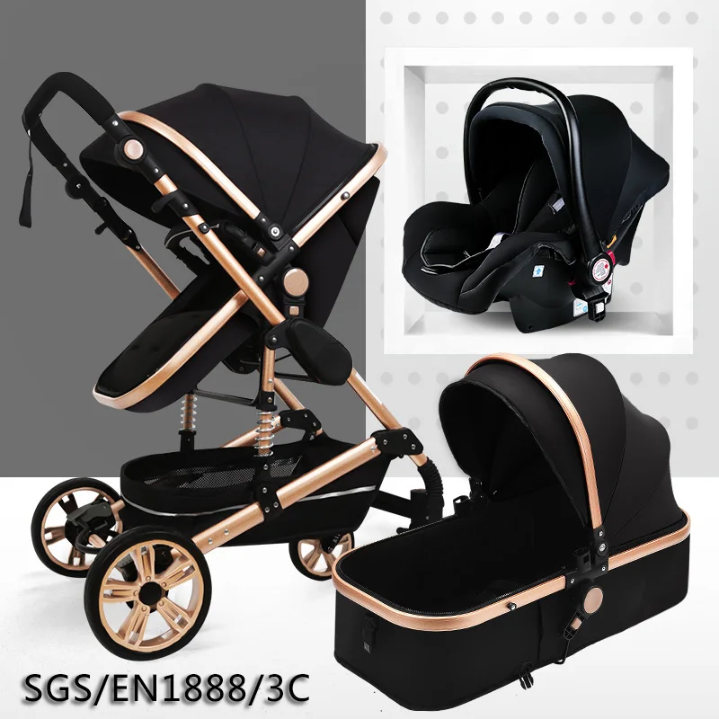 Newborn Stroller 3 in 1  Multifunctional Baby Stroller High Landscape Stroller  Folding Carriage Gold Baby Stroller