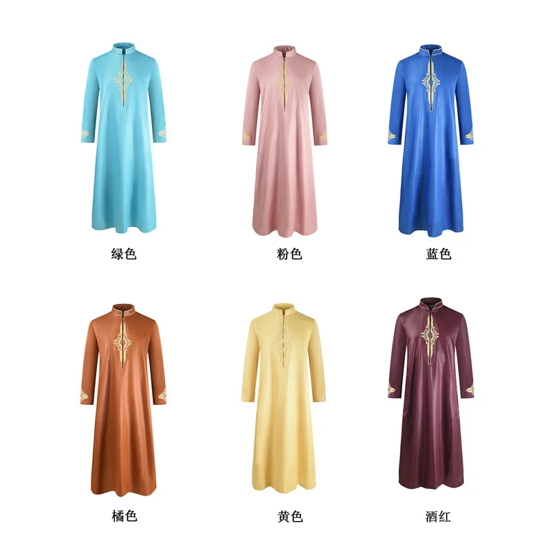Summer Middle East Muslim Long-Sleeved Foreign Trade Large Robe Printed Long-Sleeved Stand-Up Collar Robe Thobe For Men Xn001