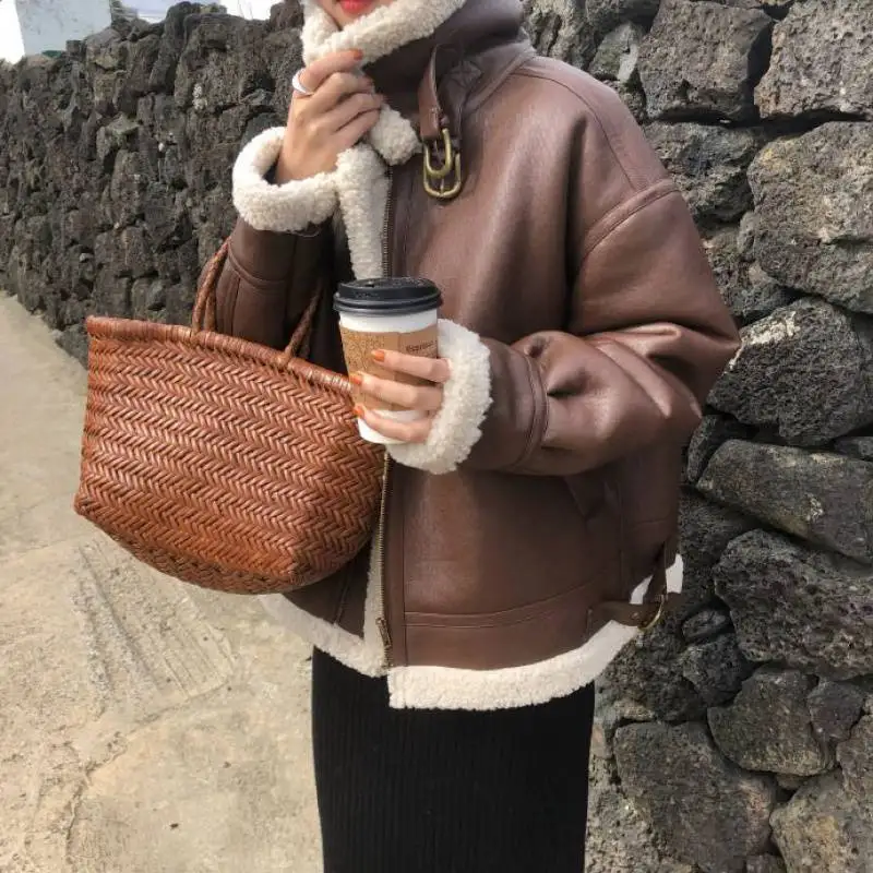 2022 Faux Fur Coat Fall Winter Jacket for Women Loose Warm Lambswool Thicken Locomotive Lapel Female Coat PU Outerwear