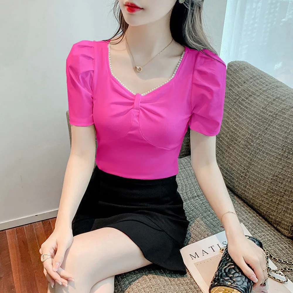 Женские футболки бусина с бантиком футболка квадратным вырезом женский топ