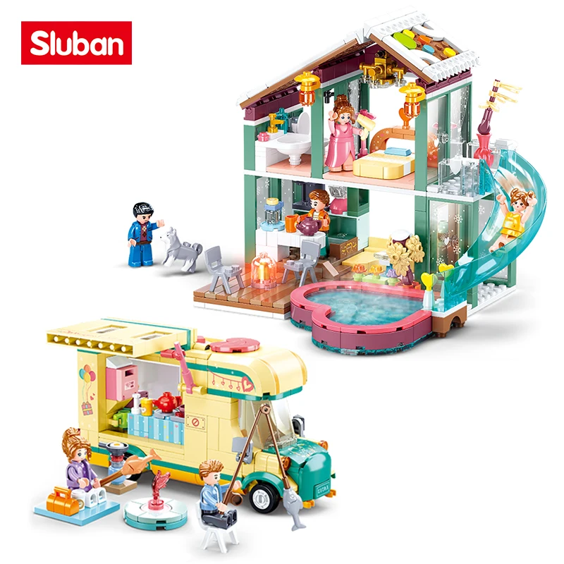 

Sluban Friends Toys For Girls Hot Spring House Building Block Summer House Vacation Car Brick Vehicle For Girls Christmas Gifts