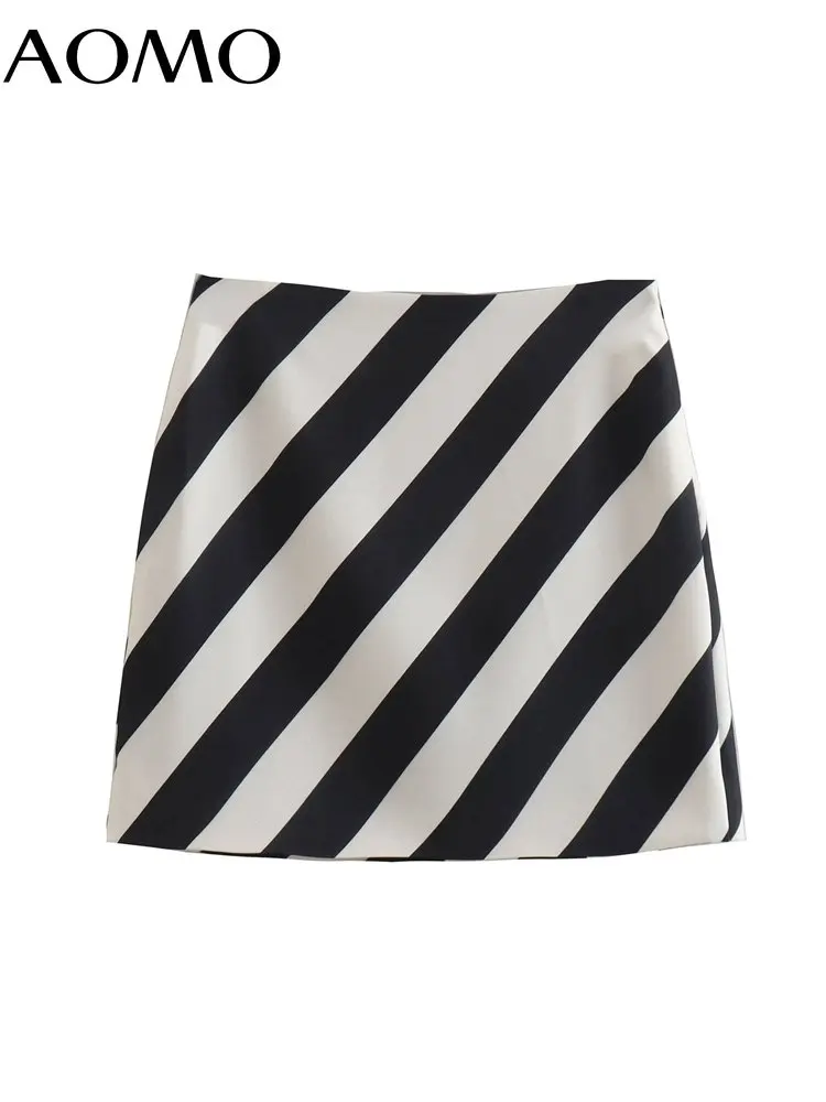 

AOMO 2022 New Women Striped Mini Skirt Zipper Ladies Chic Short Skirts 3R25A