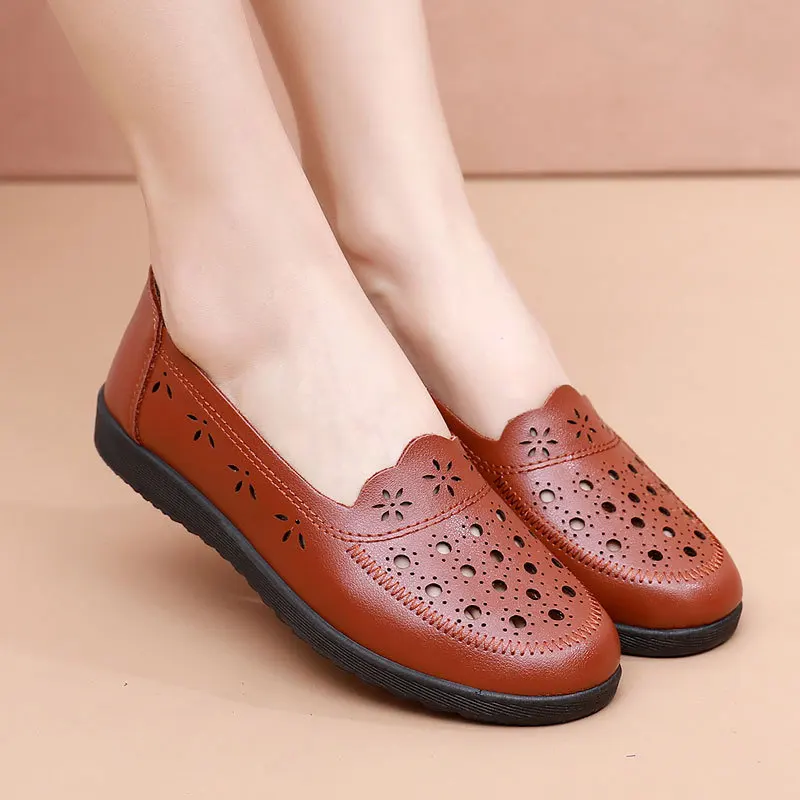 Women Loafers Fashion Summer Casual Shoes Leather Slip-on Ballet Flats Woman Luxury Hollow Out Breathable Women's Moccasins
