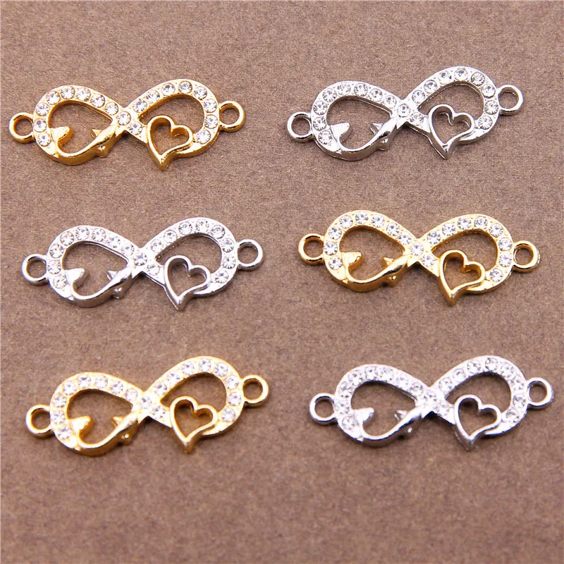 

6pcs 12*32mm KC Gold White K Color Inlaid rhinestones Infinity Symbol Heart Heartbeat Connector Charms For Jewelry Making
