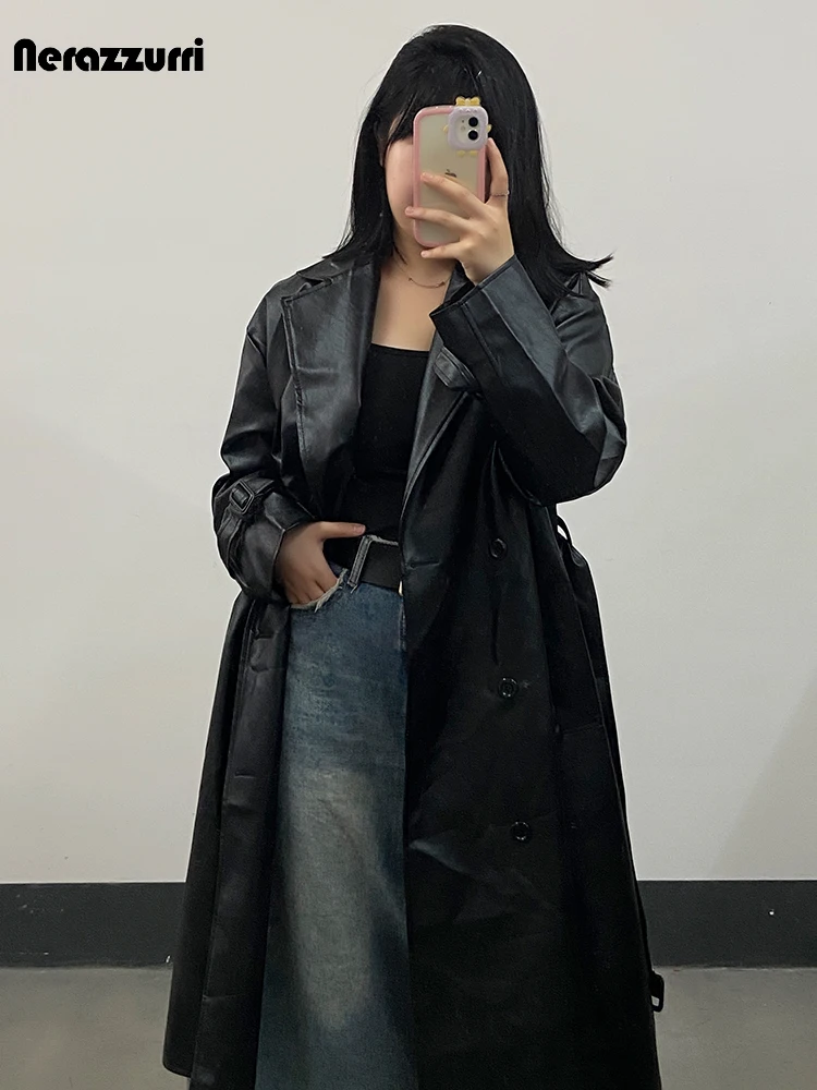 

Nerazzurri Spring Autumn Long Black Loose Casual Pu Leather Trench Coat for Women Sashes Double Breasted Korean Fashion 2023