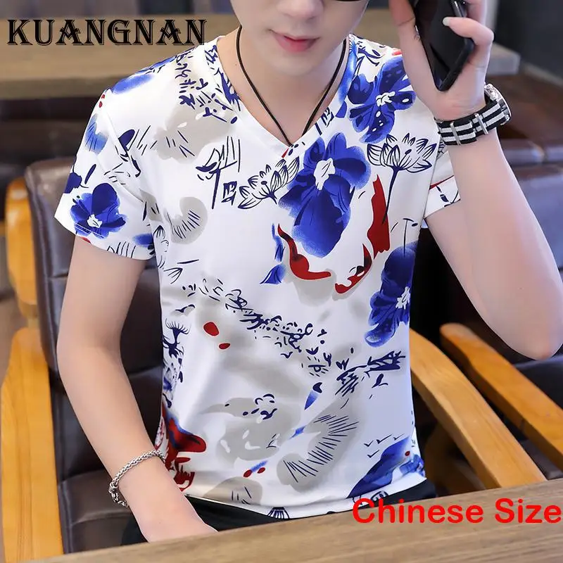 

KUANGNAN Ice Silk Printed Short T-shirt Running Men's Clothing Free Shipping Top Blouses Japanese Streetwear 3XL 2023 Summer