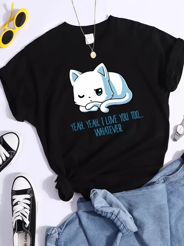 Женская футболка с коротким рукавом, принтом кота и чая