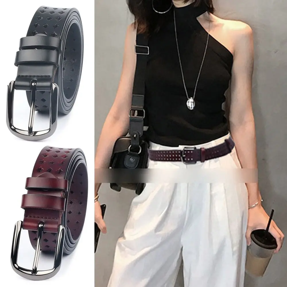 Fashion Hollow Luxury Brand Design All-match Genuine Leather Belt Pin Buckle Waistband Waist Band Ladies Dress Strap