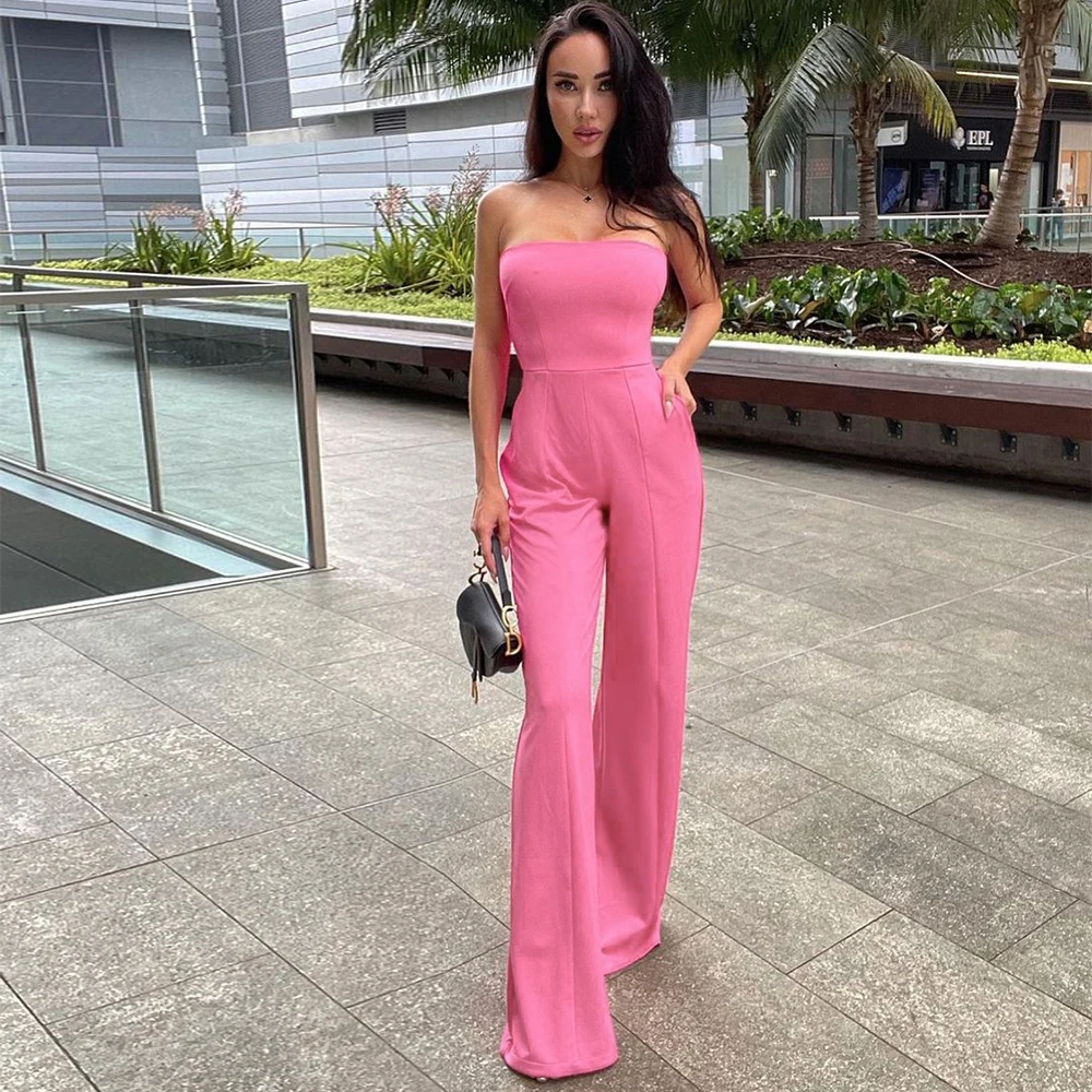 

Wide Leg Jumpsuit 2021 High Quality New Arrival Pink Jumpsuit Bodycon Women Summer Strapless Sexy Party Jumpsuit Club Outfits