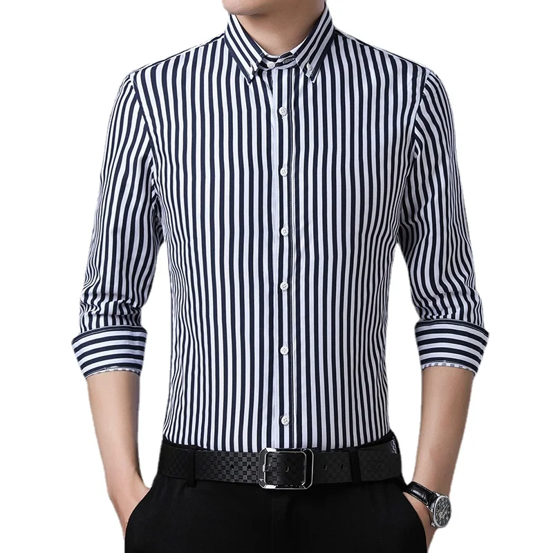 2021 New Men's High-Quality Brand Long-Sleeved Striped Shirt Men's Business Casual Slim-Fit Shirt Professional Work Dress Shirt