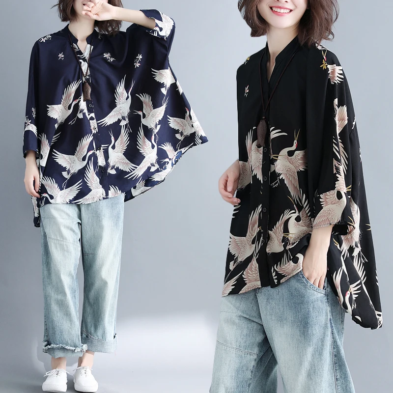 

2022 Summer New Vintage Print Lapel Single Breasted 7-sleeve Loose Chiffon Shirt Women's Top Fashion