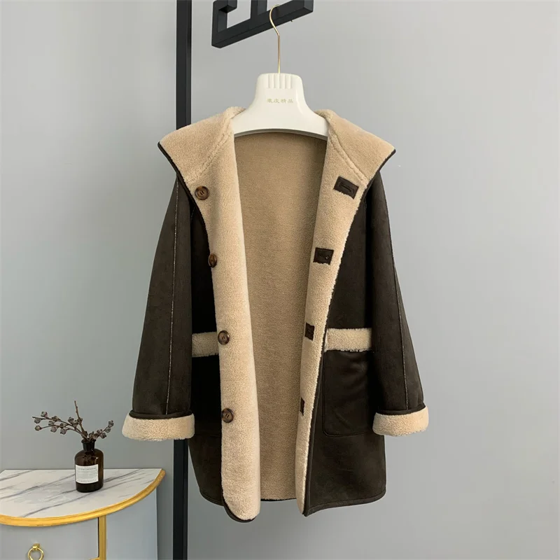 100% genuine Off season clearance hooded double faced new fur grain sheep sheared lamb wool medium length women's coat autumn wi