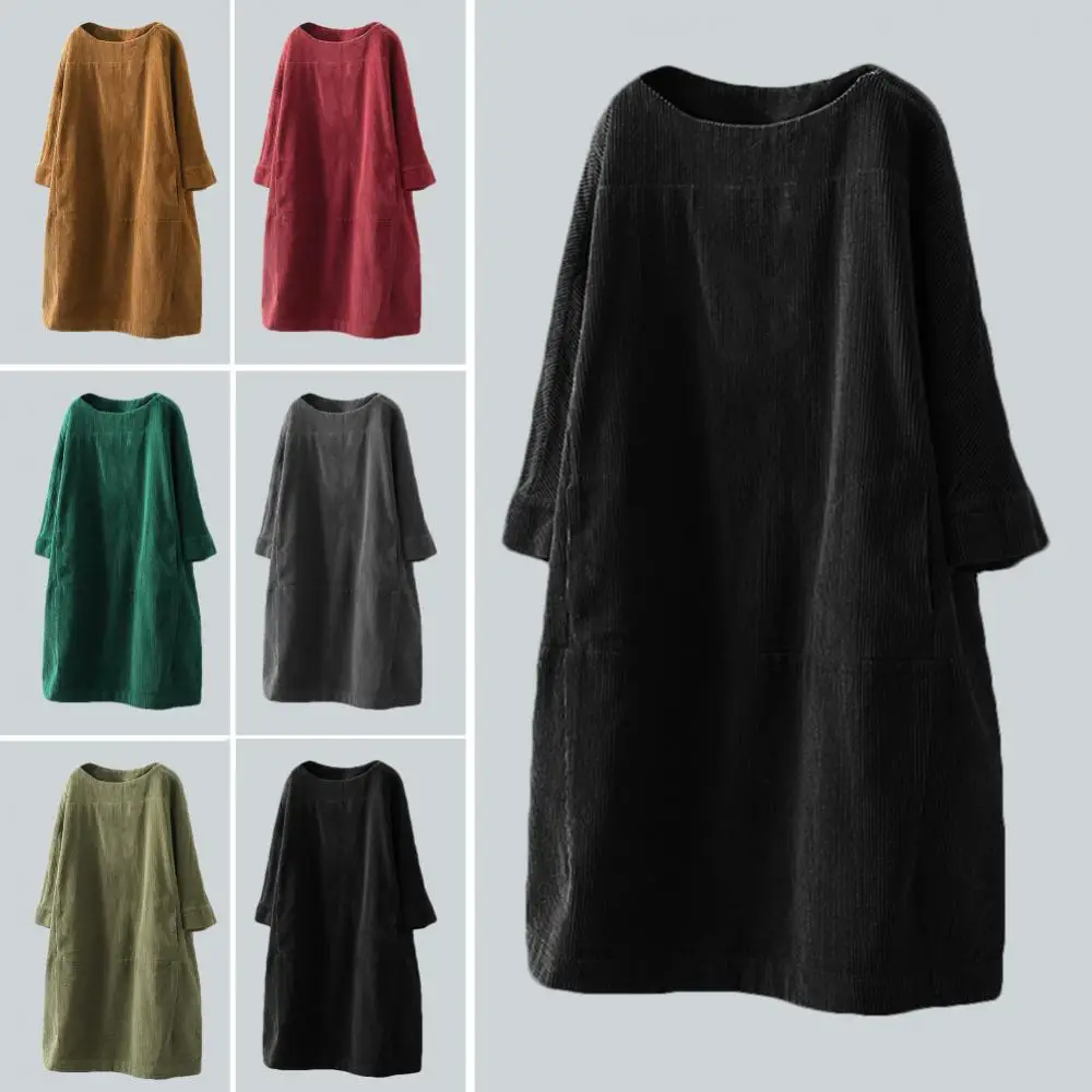 

Повседневное однотонное свободное платье миди, женское платье, осенне-зимнее теплое вельветовое платье миди с карманами