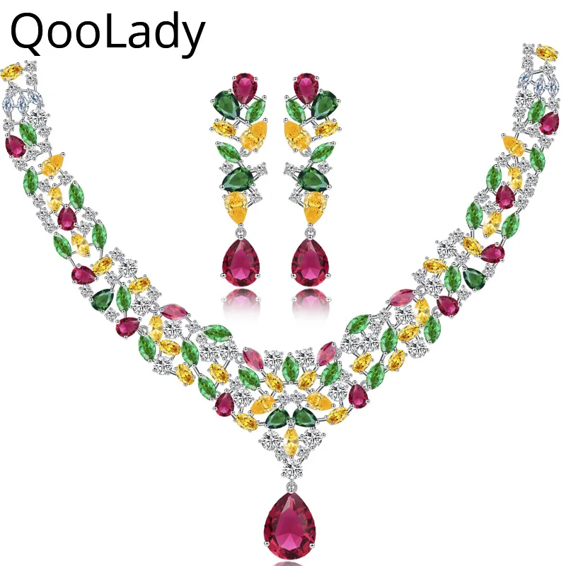 

QooLady роскошные разноцветные красные зеленые желтые CZ камни капли воды большие ожерелье серьги Свадебный костюм ювелирные комплекты для невест Z012