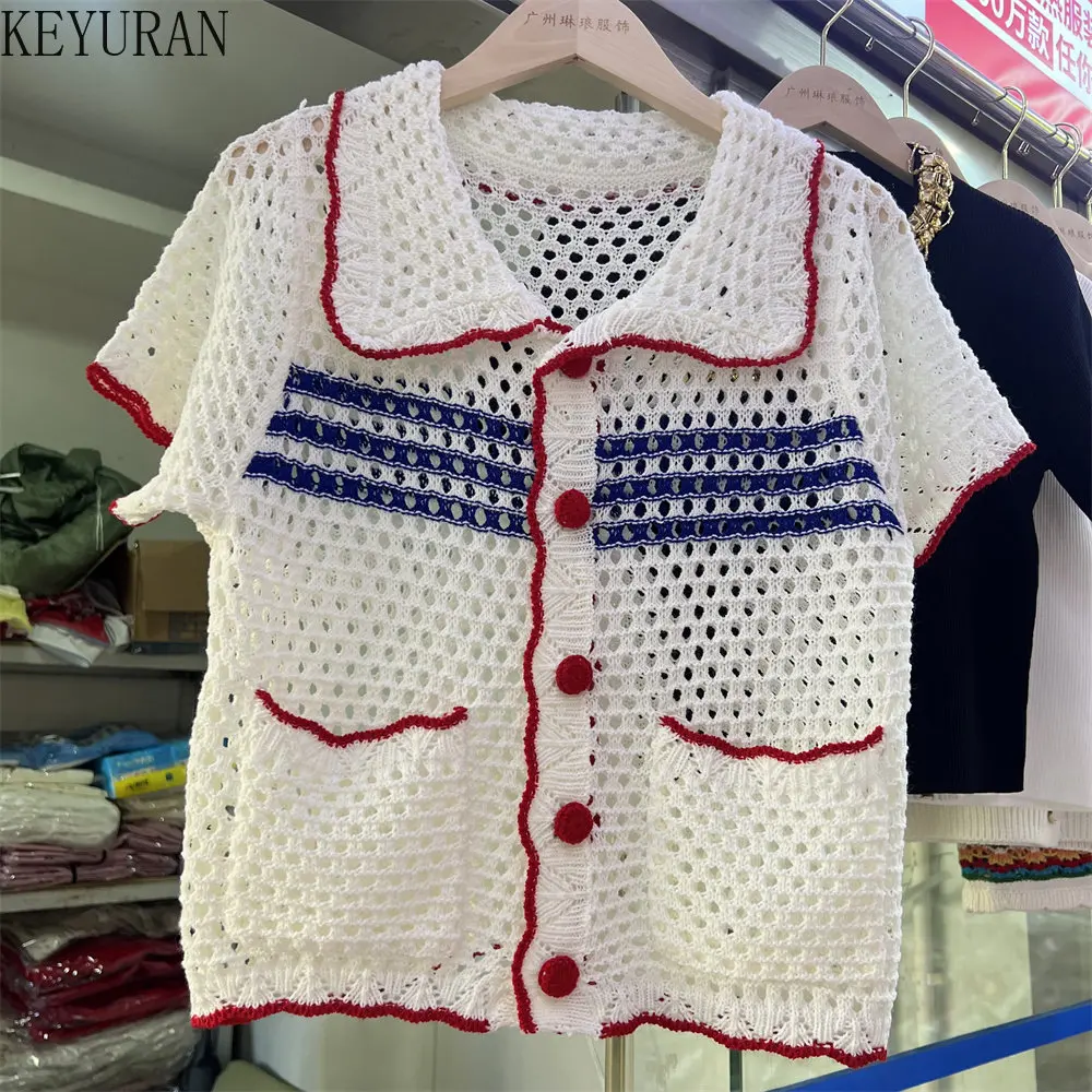 

2023 Summer Blue Striped Knitted Cardigan Women Button Up Crochet Blouse Shirts Short Sleeve Hollow Out Sweaters Top Y2K Clothes