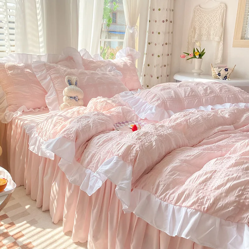 

Korean Princess Seersucker Bedding Kawaii Ruffle Lace Bed Skirt Duvet Cover Solid Color Queen Size Double Sheets Sets For Girls
