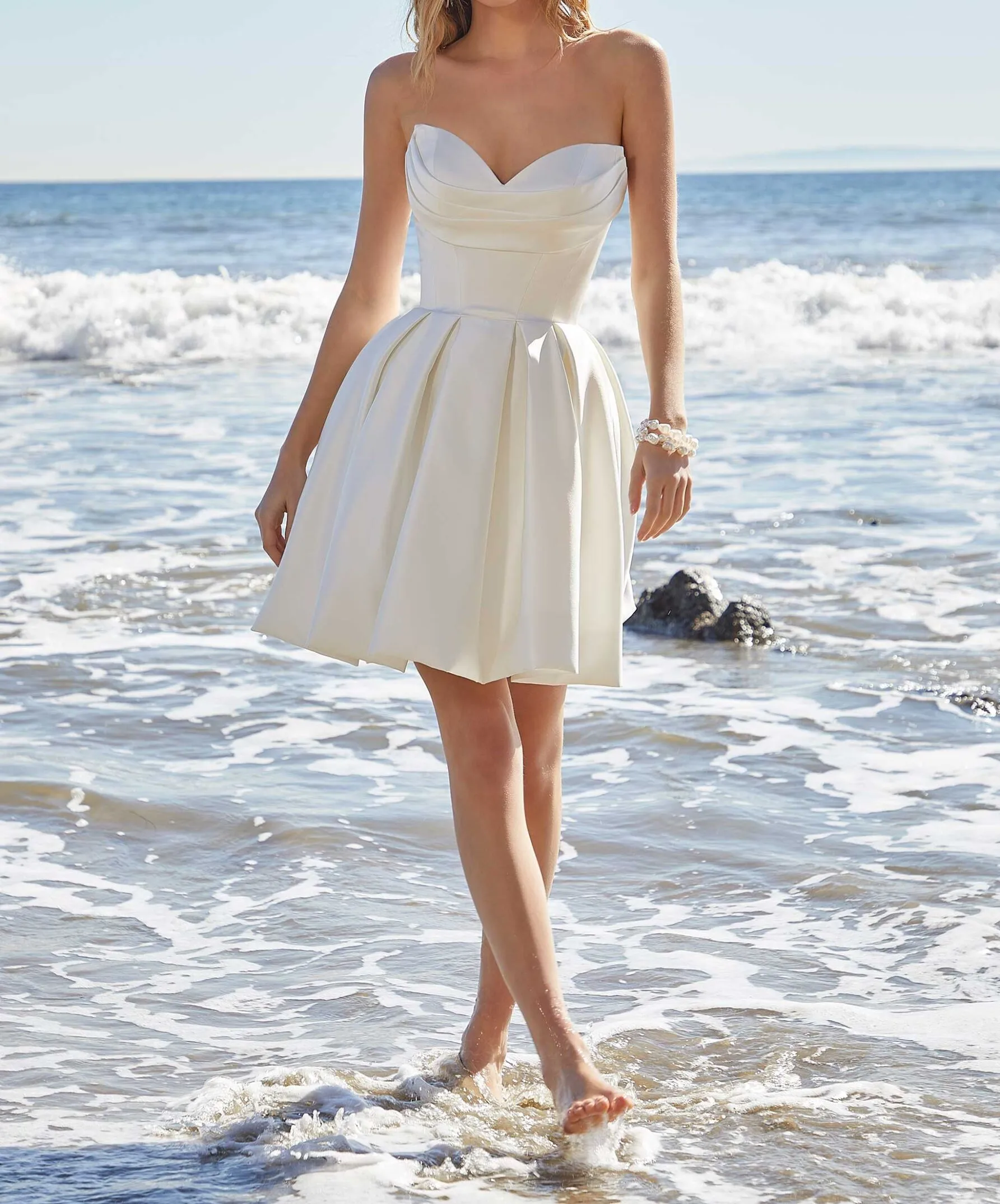 

2023 Short Strapless Women Bride A-Line Satin Wedding Party Dress WHW-330