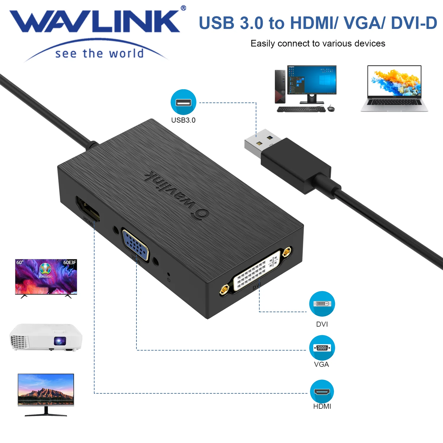Wavlink USB 3.0 To HDMI/ VGA/ DVI Dual 2K Display Adapter Video Output For HDMI/DVI/VGA HDTV/Projector/Monitor DisplayLink