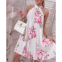 ninimour women floral print halter casual pleated dress summer women floral mini dress causal loose daily wear sexy robe holiday
