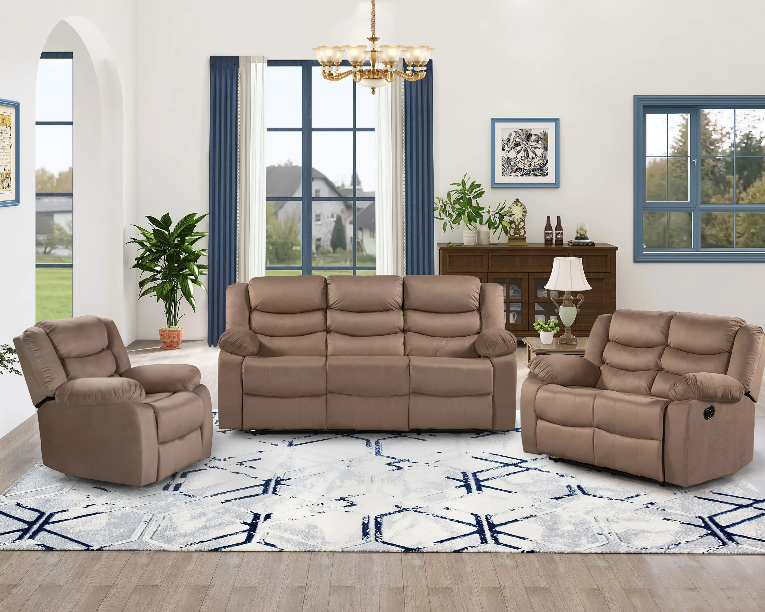 

Home Theater Seating Manual Recliner, Velvet Upholstered Reclining Sofa Set for Living Room (1+2+3 Seat）