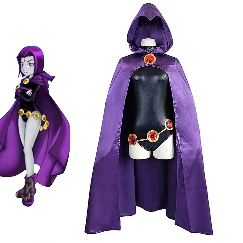 

Костюм для косплея Titans Raven, женское черное боди супергероя, фиолетовый плащ с капюшоном, костюмы на Хэллоуин