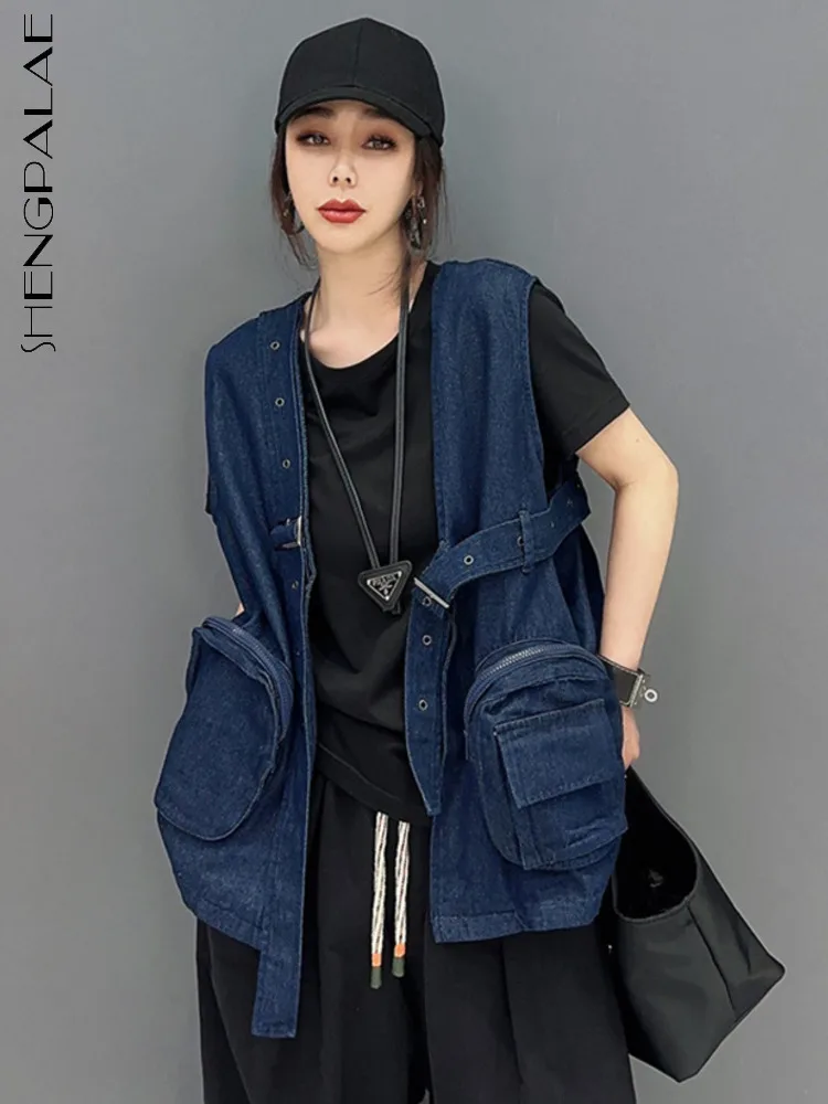 

SHENGPALAE Streetwear Denim Vest Korean Fashion Versatile Frenulum Multiple Pockets Women Sleeveless Coat 2023 Spring New 5R1829