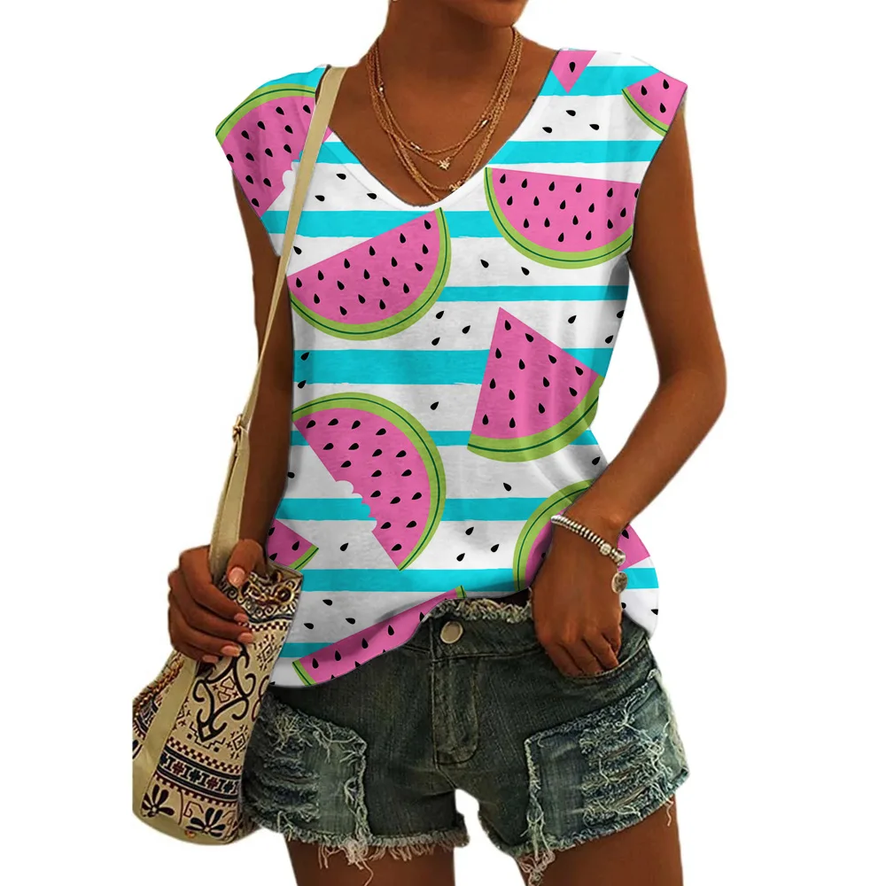 Женская футболка с V-образным вырезом принтом в виде арбуза