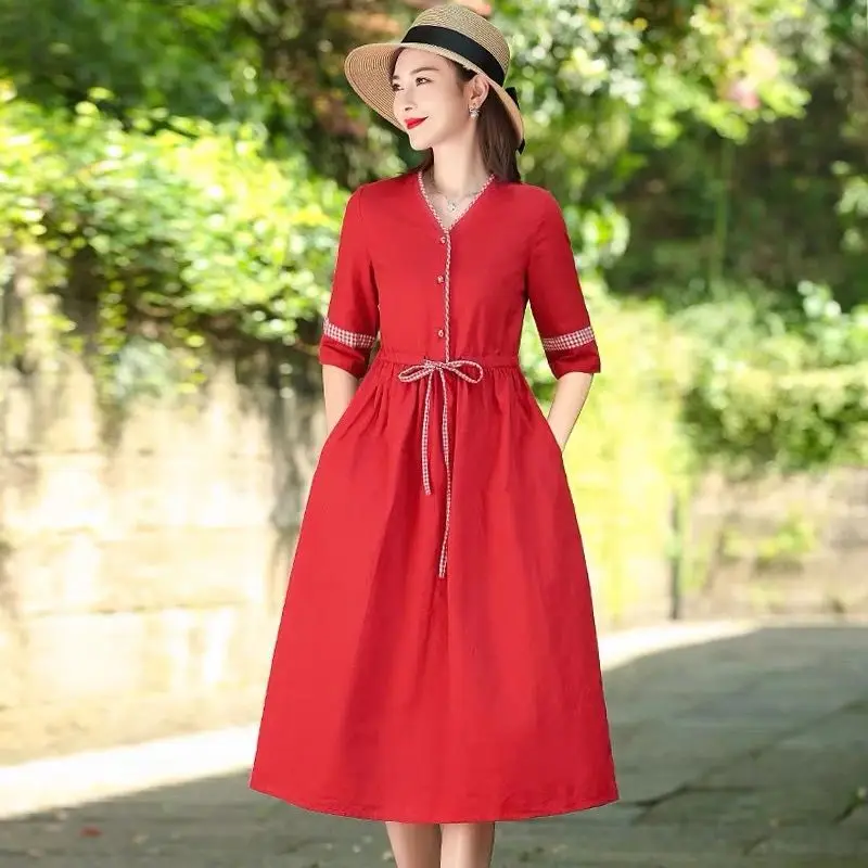 

Cotton High-end Red Dress Women's Summer Dress 2022 New Short Sleeve Leisure Age Reducing Foreign Style Retro Skirt