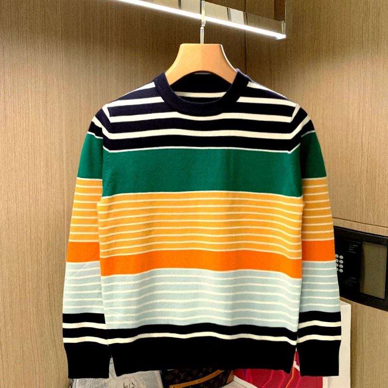 

Men 2022 Autumn Winter Fashion Long Sleeve Knitted Tops Male Casual Stripe Pullover Jumpers Men O-neck Warm Sweater Tops W996