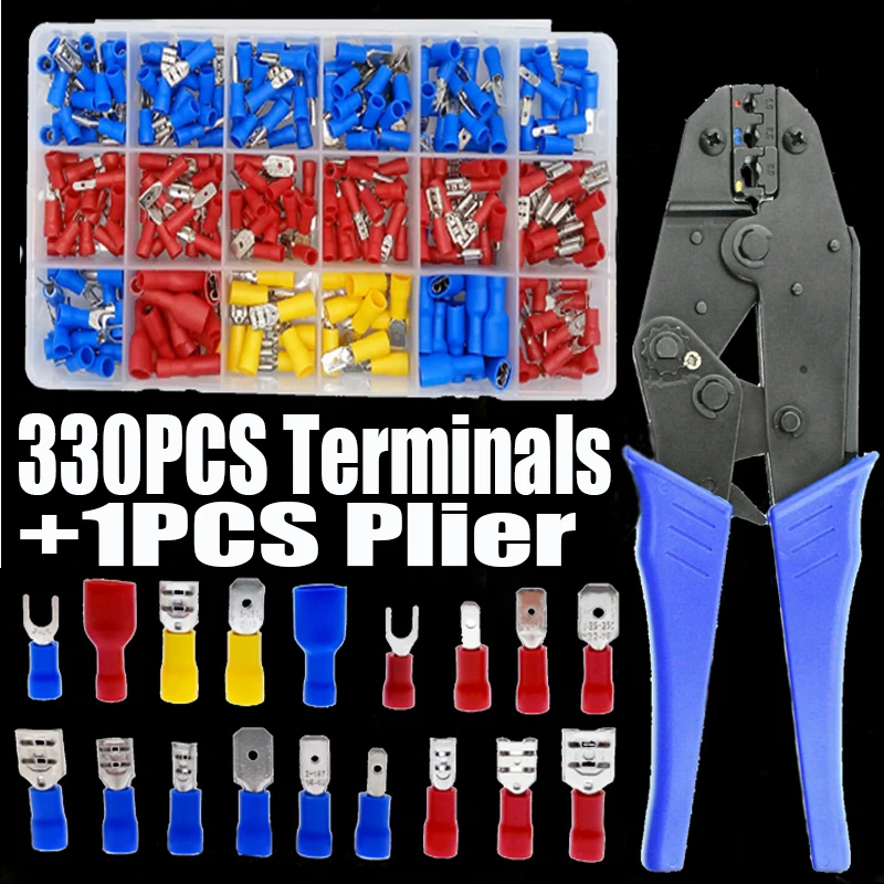 

Box 330Pcs Assorted Spade Terminals Insulated Cable Connector Electrical Wire Crimp Butt Ring Fork+1pcs Terminal Crimping Pliers