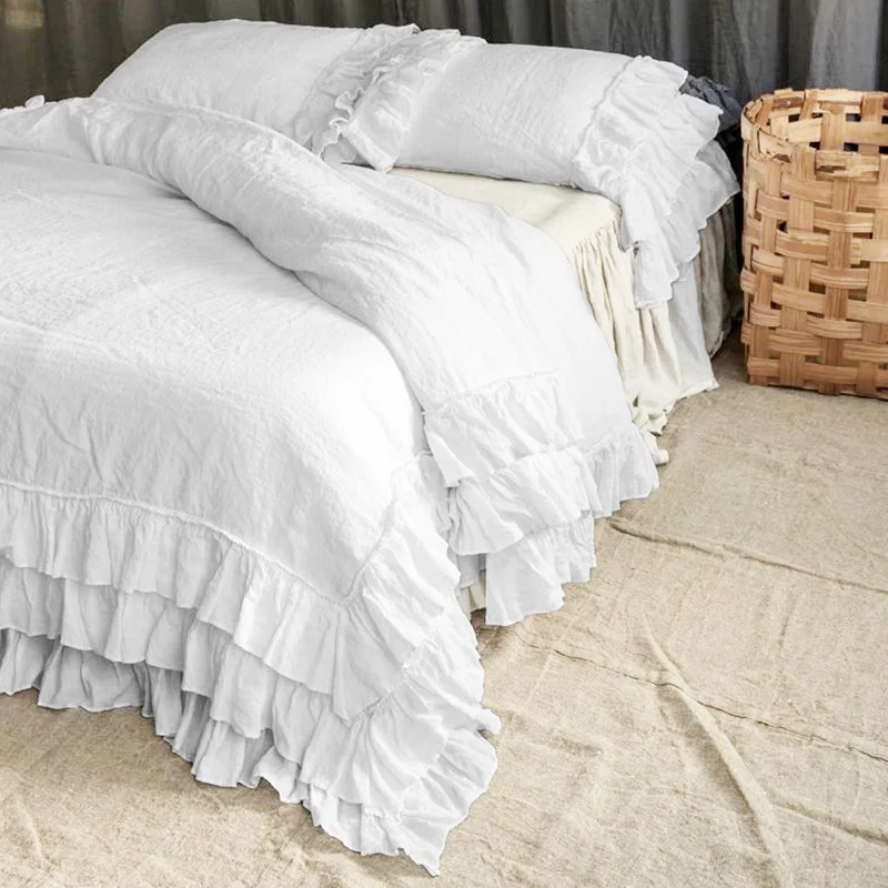 

100% Linen Shabby Chic Ruffle Duvet Cover Set 3pcs Vintage Farmhouse Bedding Sets 3 Layer Ruffled Comforter Cover Pillow Shams