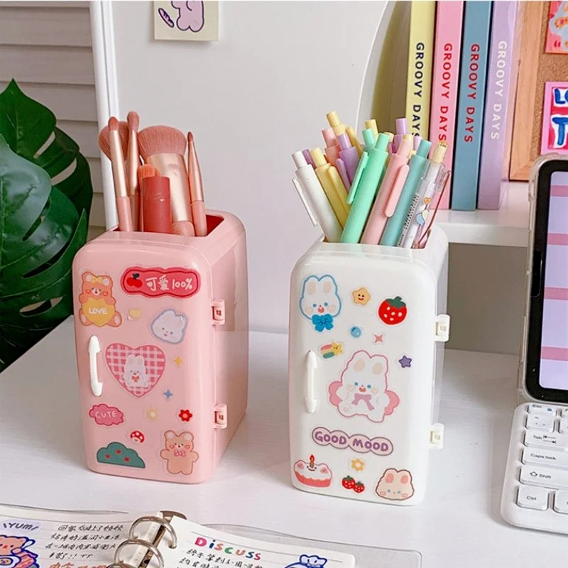 

Cute Large-capacity Pen Holder Desk Organizer Refrigerator Shape Pens Holders Student Stationery Storage Tube with Free Sticker
