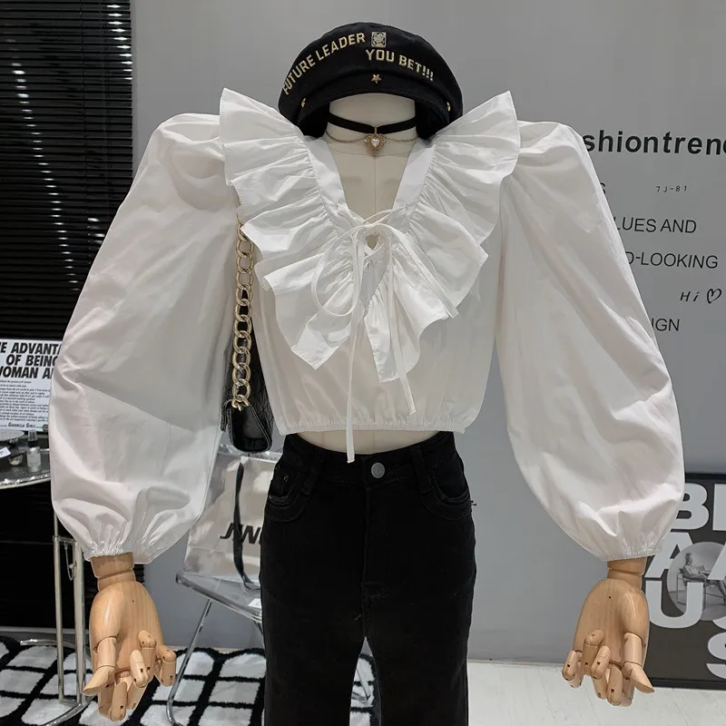 

Новинка, женская одежда нишевого дизайна весна 2023, короткая рубашка с V-образным вырезом, дизайнерские модные блузки со шнуровкой и длинными рукавами