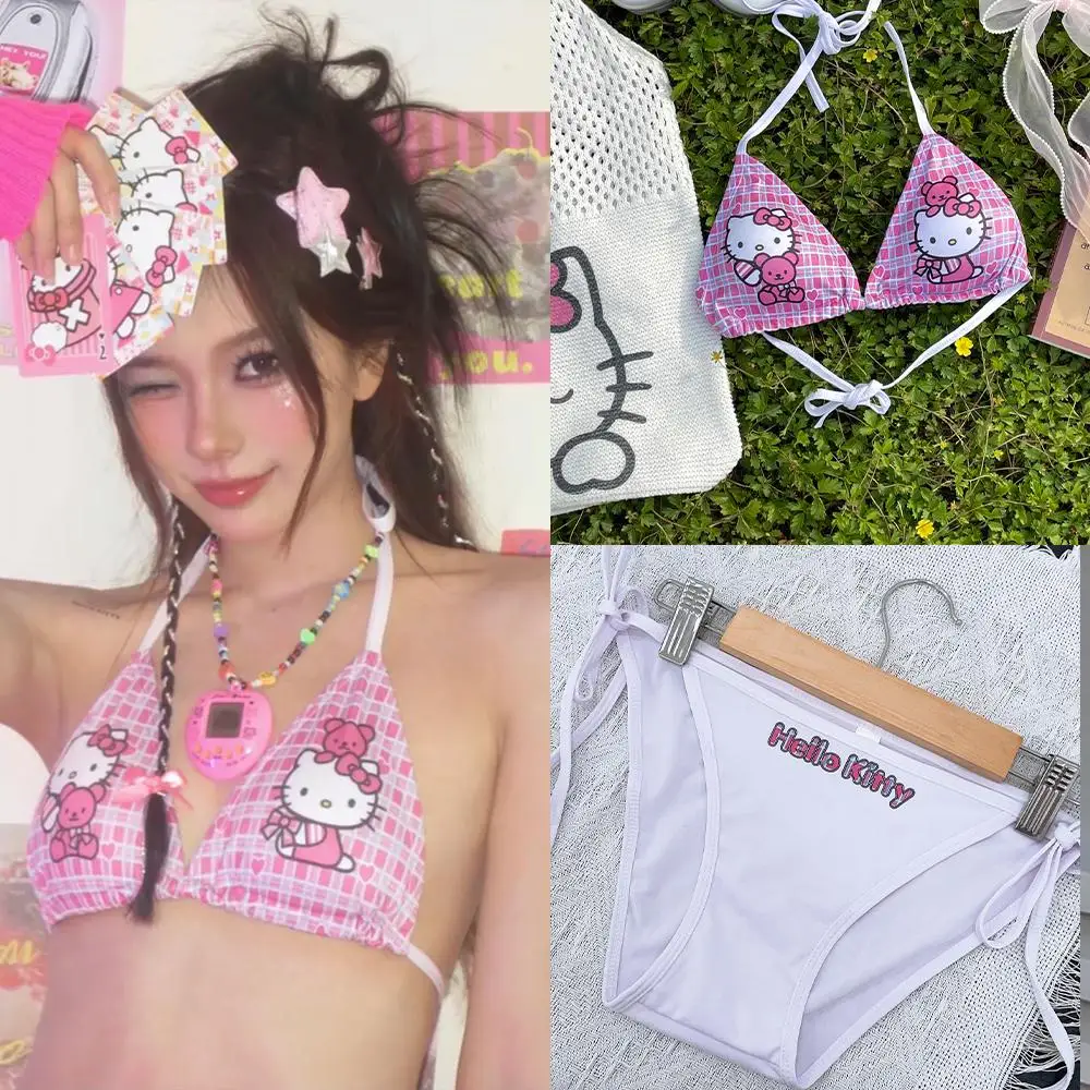 

Купальник-бикини Sanrio Y2K с рисунком Hello Kitty, милое Аниме нижнее белье, бюстгальтер, трусики, сексуальный купальник для девушек, для пляжного отдыха, с открытой спиной, для фотосъемки