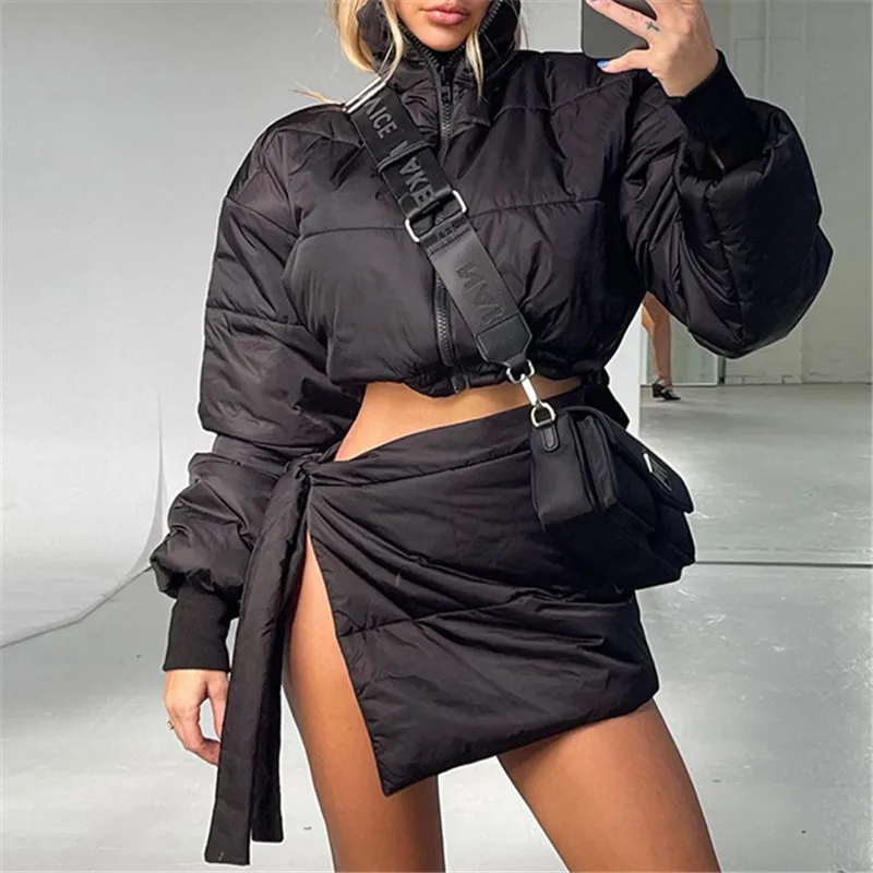 

High Quality Cotton Padded Two-piece Female Winter Suits New Look 2022 High Neck Zip Short Jacket + Irregular Lacing Wrap Skirt