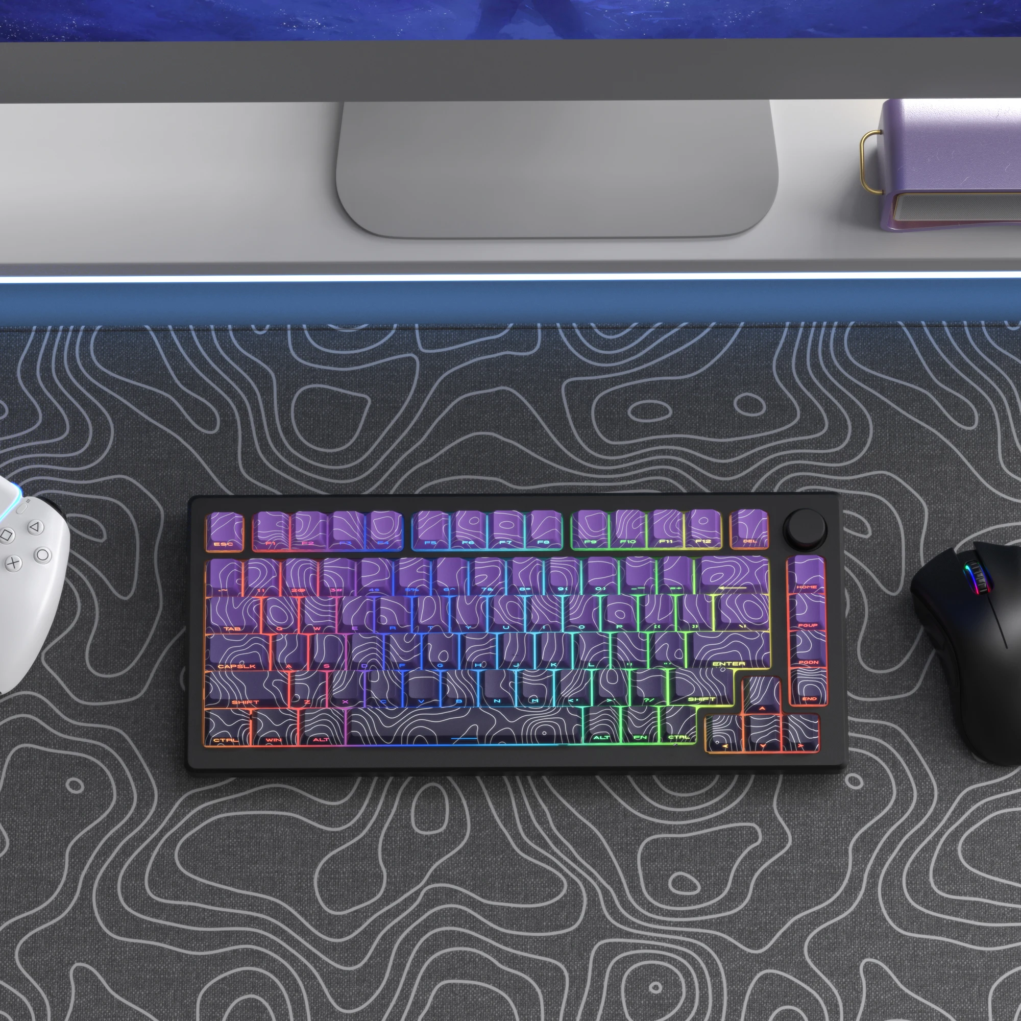 130-клавишные колпачки для клавиш Double Shot Dye Sub PBT с фиолетовым топографическим