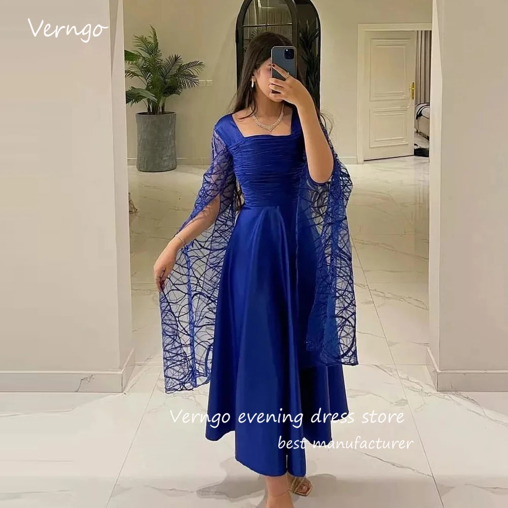 

Verngo Vintage Blue Lace Sleeves Long Evening Dresses Saudi Arabic Women Prom Party Dress Ankle Length Formal Event Gowns