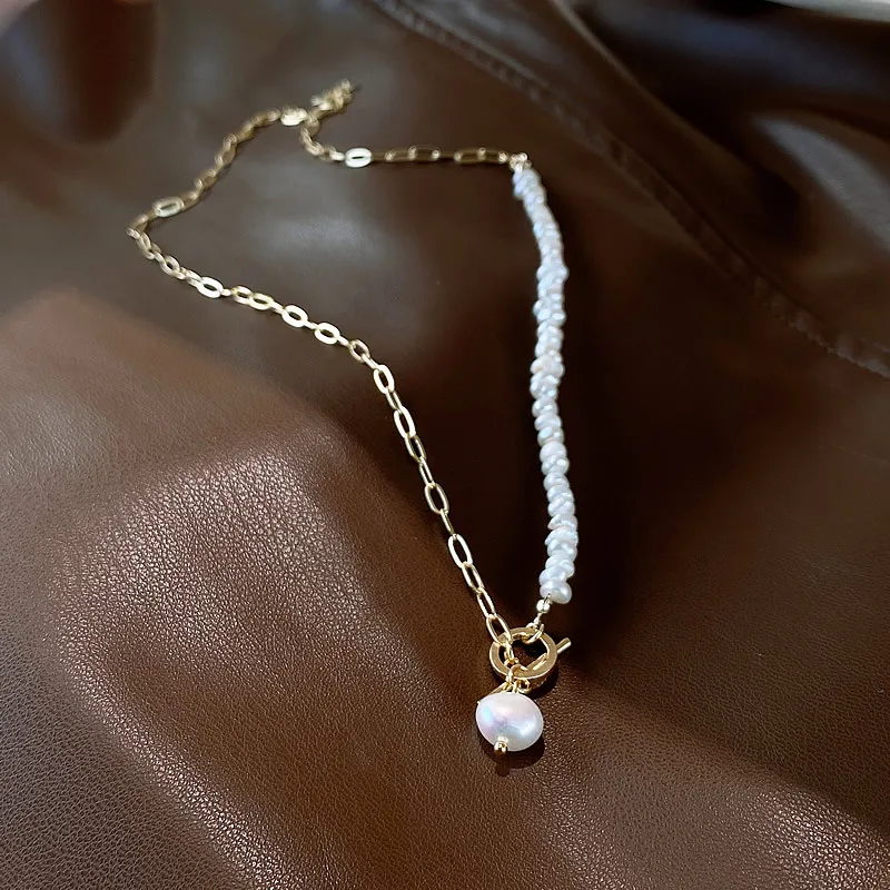 

Minar Unusual Genuine Freshwater Pearl Pendant Necklace for Women Asymmetry Gold Color Hollow Link Chain Choker Necklaces Gifts