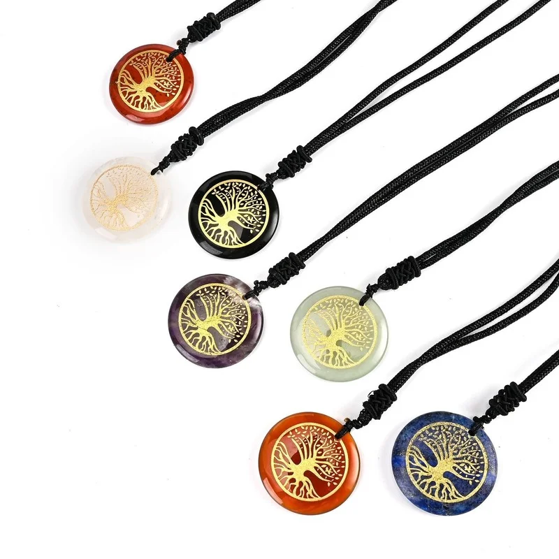 

Natural Gems Engraved Tree of Life Pendant Healing Crystal Reiki Stone Chakra Amethyst Lapis Lazuli Round Charms For Necklace