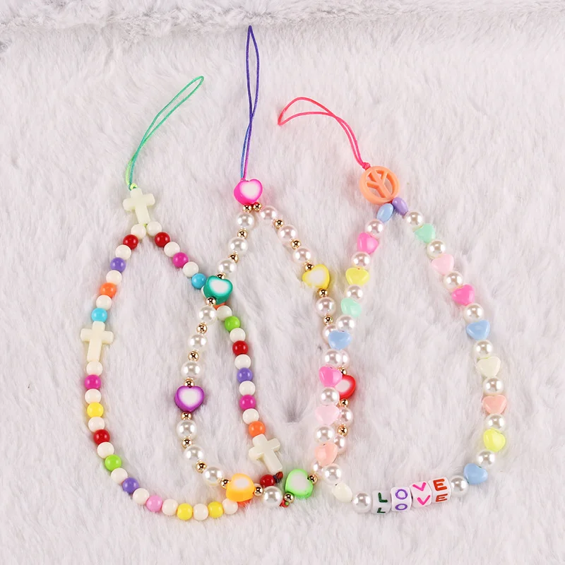 Acrylic ladies jewelry ethnic style diy color soft pottery imitation pearl acrylic geometric beaded mobile phone chain