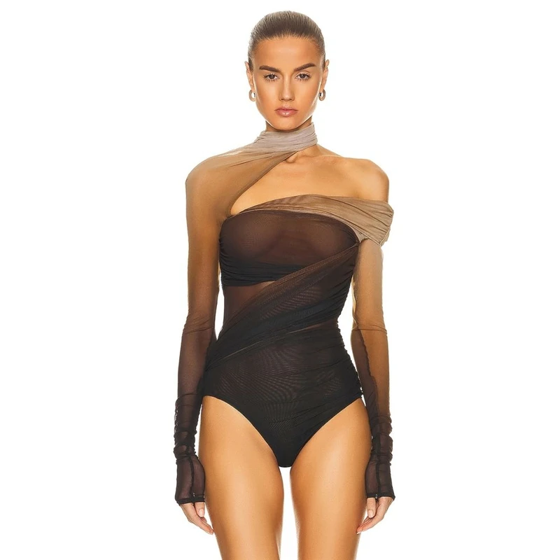 

New Women's High-necked Elastic Long-sleeved Slim-fit Bottoming Shirt T-shirt Y2k Irregularfashionsexycolor-blockjumpsuit