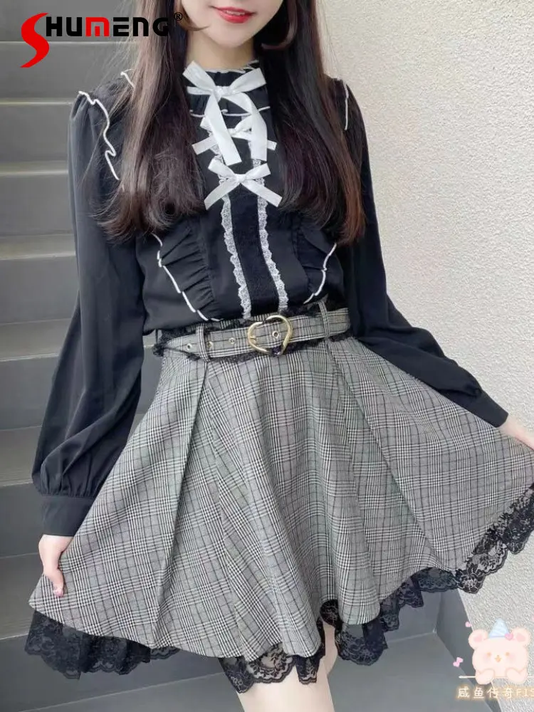 Japanese Style Cute Love Waist Belt Skirt 2023 Spring and Autumn New Rojita Sweet Lace Stitching All-Matching Cute Short Skirts