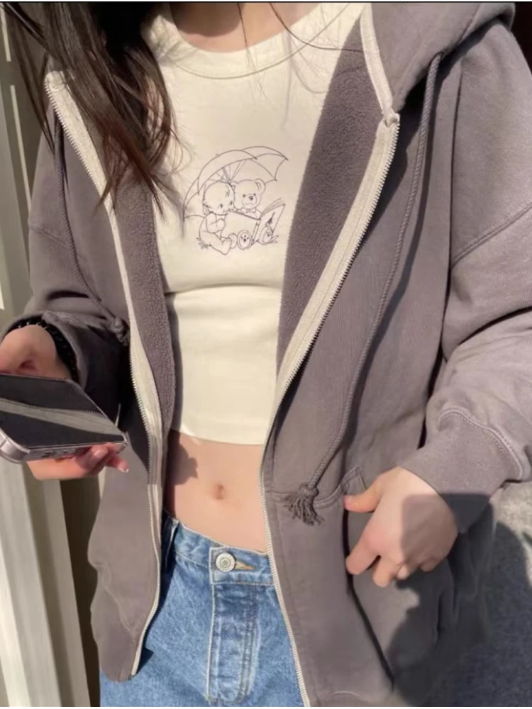 

Повседневные женские серые толстовки на молнии, Осенние винтажные Свободные толстовки с длинным рукавом и капюшоном, женская уличная одежда Y2k, толстые Топы 2023